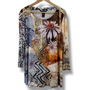 Ali Miles Gel Dot Floral Tunic Top Shirt Size Large Floral Sunflower Artsy